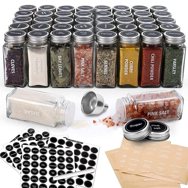 40-Pack 3.5 OZ Ultra Clear Glass Spice Jars with 324 Labels, Shaker Lids and Airtight Metal Caps, Empty Reusable Square Seasoning Bottles, Spice Storage Containers, Marker and Stainless Steel Funnel