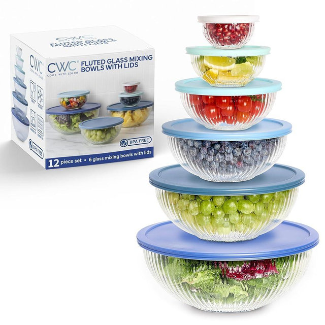 COOK WITH COLOR 12 Pc Glass Mixing Bowl Set with Lids – Borosilicate Glass Nesting Bowls for Cooking, Baking and Meal Prep, Fluted Blue