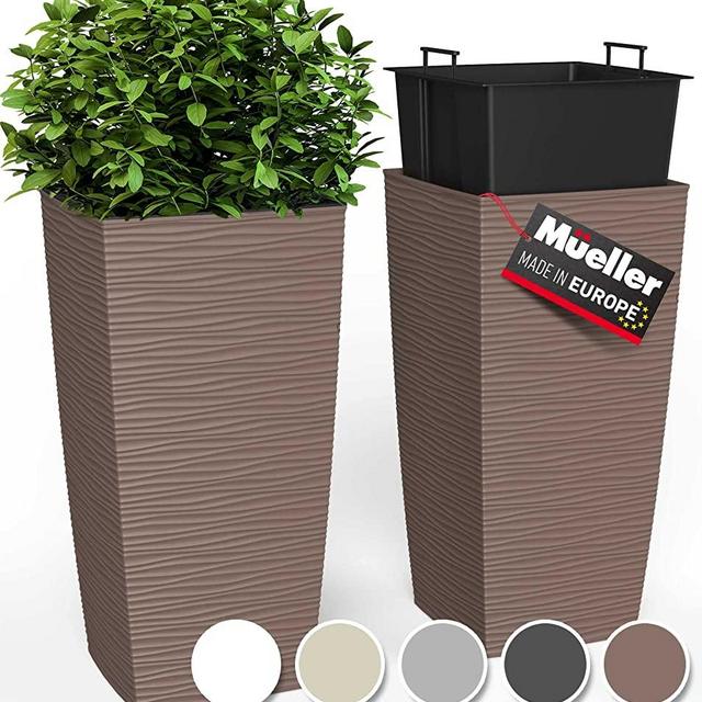 Mueller Austria M-Resin Heavy Duty Tall Planter, Indoor/Outdoor Grande Plant, Tree, Flower Pot, 2-Piece Set, 18 inch, Modern Design, Built-in Drainage, Mocha