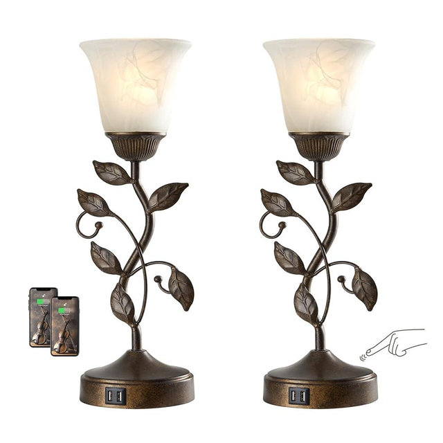 RORIANO Set of 2 Touch Farmhouse Bedroom Table Lamps, Nightstand Vintage Flower Lamps with 2 USB Ports, 3 Way Dimmable Leaf Lamp for Living Room with White Glass Shades, Bulbs Included