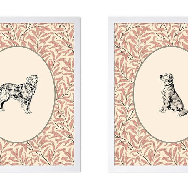 Poster Master 2-Piece Vintage Golden Retriever Poster - Retro Dog Print - Floral Artwork - Puppy Art - Animal Lover & Chic Boho Design - Aesthetic Kid's Room or Nursery Decor - 8x10 White Frame