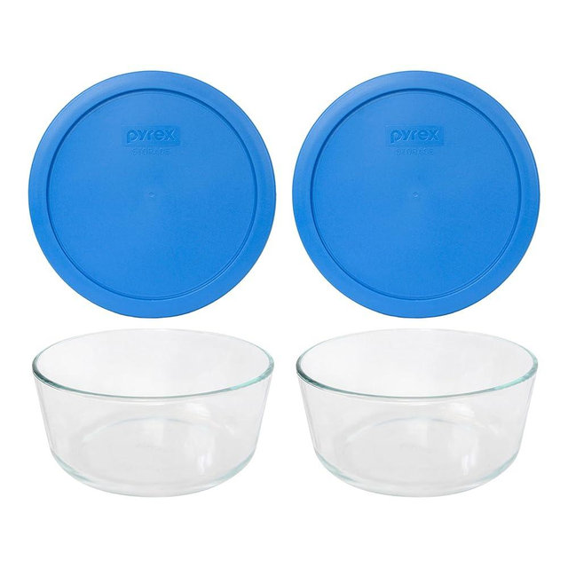 Pyrex 7203 7 Cup Glass Bowls & 7402-PC Marine Blue Food Storage Replacement Lids (2-Pack) - Made in USA