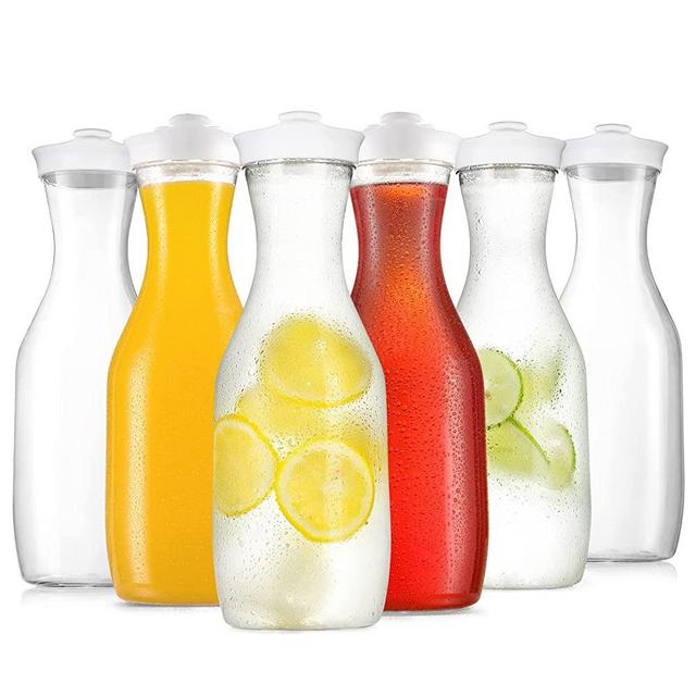 6 Pack Large 50 Oz Water Carafe with White Flip Top Lid, Clear Plastic Juice Jar Containers, Mimosa Bar Beverage Pitcher BPA Free - for Water, Iced Tea, Juice, Lemonade, Milk, Soda