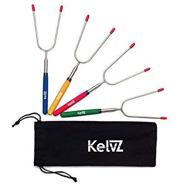 KelvZ 34" Telescoping Marshmallow Roasting Sticks | Set of 4 Camping Skewers | Bonus Bag & Recipes Ebook | Smores Sticks for Fire Pit | Hot Dog Sticks | Campfire Forks Camping Equipment Camping Gear