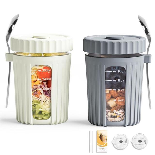 PUNLUXU Overnight Oat Jars With Scoop And Lid 16 OZ [2 Pack], Airtight Oatmeal Container With Measurement Mark, Mason Jar With Sealed Lid And Straw, Cereal Container For On-The-Go (Gray And Off-White)