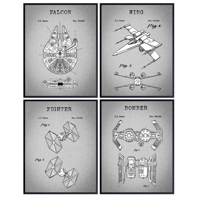 Patent Art Prints - Vintage Wall Art Poster Set - Chic Rustic Home Decor for Family, Rec, Game Room, Man Cave - Gift for Starwars Millenium Falcon, Tie Fighter Fans, 8x10 Photos Unframed