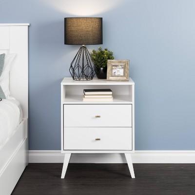 Mid Century Modern 2 Drawer Tall Nightstand with Shelf White - Prepac