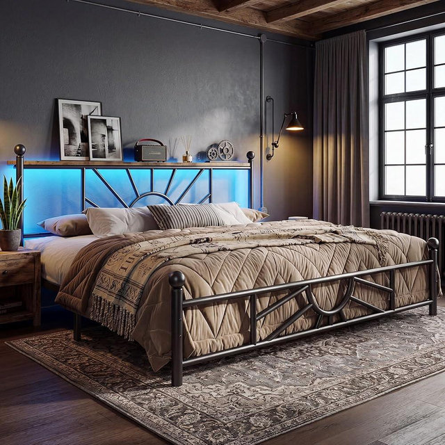 Homkdom 14 inch King Size Metal Platform Bed Frame with Classic Iron-Art Headboard, Victorian King Bed Frame with Under Bed Storage/No Box Spring Needed/Noise-Free/Easy Assembly, Dark Black