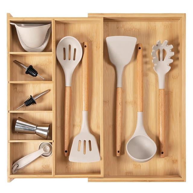KitchenEdge Adjustable Kitchen Drawer Organizer for Utensils and Junk, 1 Large & 5 Small Compartments, Adjustable Wall Dividers, Non-Slip Feet, Kitchen Accessory Storage, 100% Sustainable Bamboo