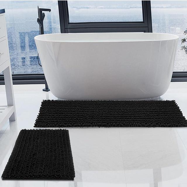 H.VERONNEX Luxury Chenille Black Bathroom Rugs Sets 2 Piece, Thickened Hot Melt Rubber Bottom Bath Mats for Bathroom Non Slip,Bath Rugs Quick Dry Machine Washable for Shower Mat,Puppy-Loved Mat