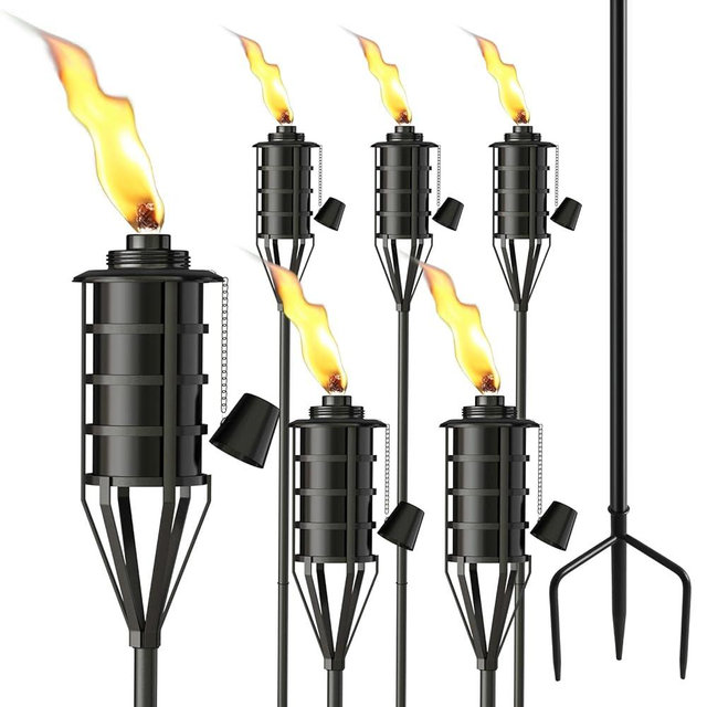 FALBAWR Upgraded Citronella Garden Torch Set of 6, Large Capacity 16oz Metal Torch for Outside, 59.5 Inch Black Home Torches with 3-Prong Grounded Stake,Metal Flame Torch Light for Party Patio Pathway