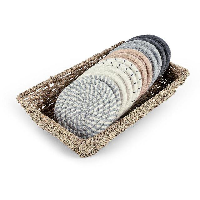 BUEDM Coasters for Drinks with Hand Woven Seagrass Basket Holder Set,12 Pcs Boho Handmade Absorbent Insulating Coasters for Home Table Decor