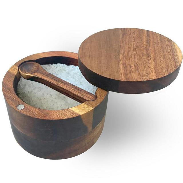 CasaVibe 6.5 Ounce Acacia Wood Spice Box with Built In Spoon and Magnetic Rotating Lid Elegant Kitchen Salt Container Holder for Storing Pepper Spices Salt or Your Favorite Seasonings