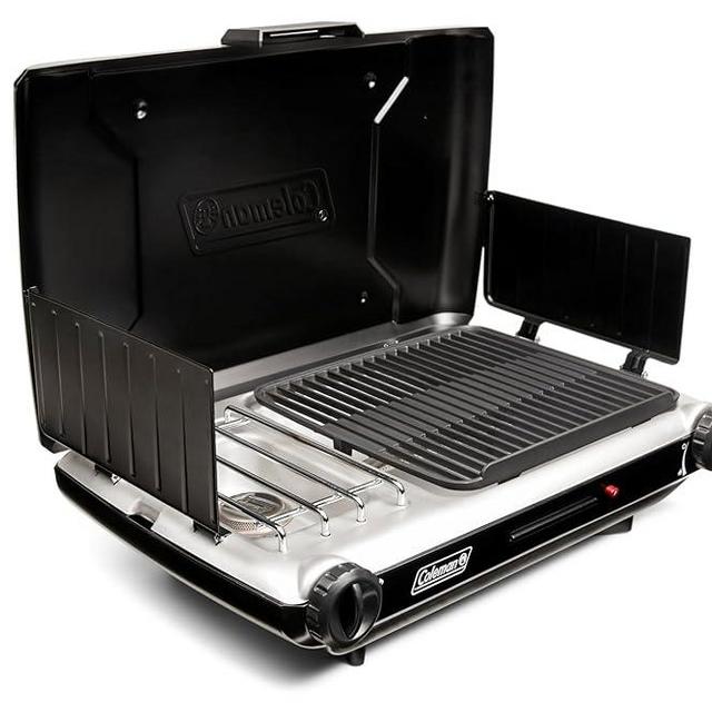 Coleman Tabletop 2-in-1 Grill & Stove with 2 Adjustable Burners, Propane Grill/Stove with Push-Button Starter, Wind Guards, Grease Tray, & 20,000 BTUs of Power for Camping, Tailgating, & More