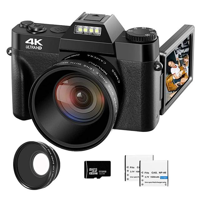 VJIANGER 4K Digital Camera 48MP Pixel Autofocus Vlogging Camera 3.0" IPS 30FPS Flip Screen 16X Digital Zoom Fixed Camera Lenses for Photography on YouTube with 32GB SD Card, 2 Batteries (Black)