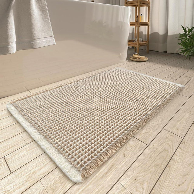 AMOAMI Upgraded Waffle Bath Mat, Super Absorbent Non Slip Bath Mats for Bathroom Floor, Washable Bathroom Rugs with Tassels, Rubber Backed Bathroom Mats, Ultra Soft, 20" x 32", Brown & Cream