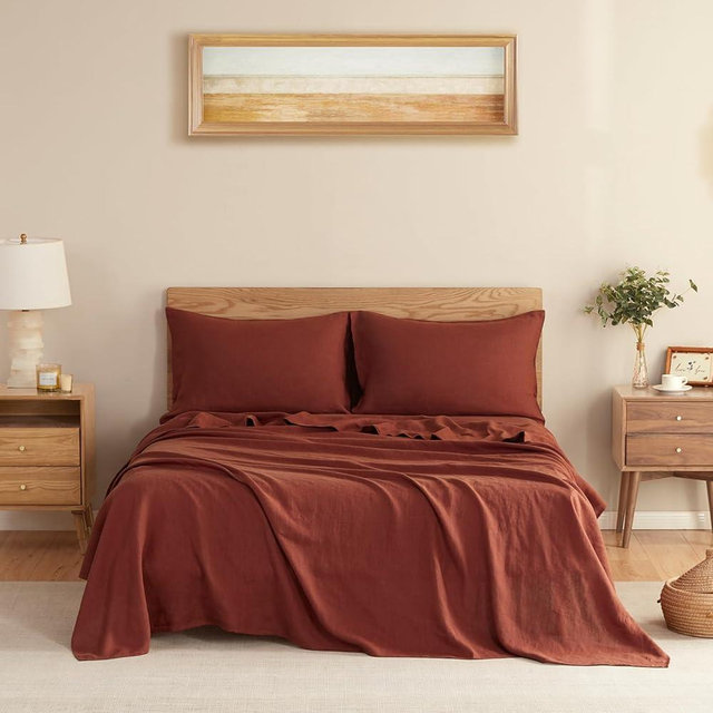 DAPU Pure Linen Sheets Set, 100% French Linen from Normandy, Breathable and Durable for Hot Sleepers, 4 Pcs Set - 1 Flat Sheet, 1 Fitted Sheet, 2 Pillowcases (Rust Red, King)