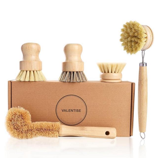 VALENTISE Bamboo Dish Brush Set - 5 Packs Natural Wooden Kitchen Brush, 4 Dish Scrubbers with One Replacement Head, Cleaning for Pots, Bottles and Vegetables