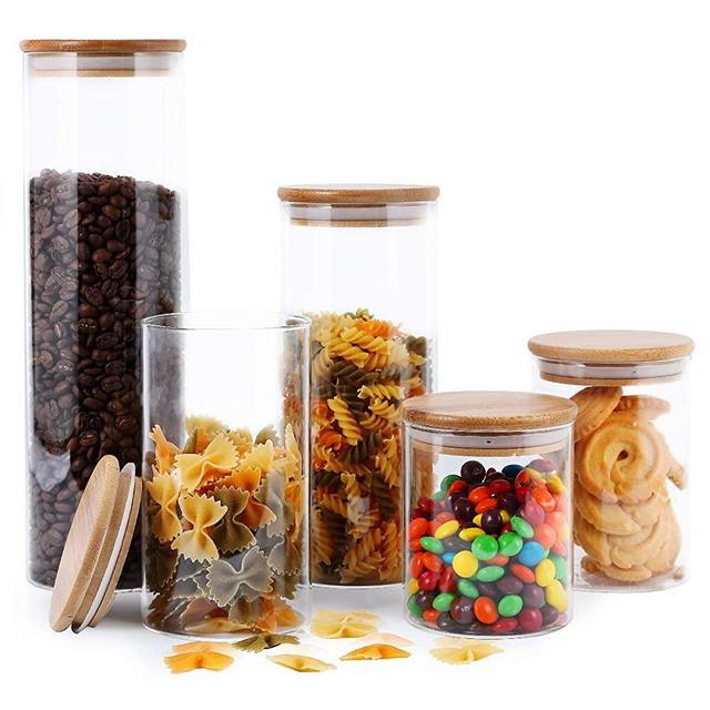Focus Line Glass Food Storage Jars Containers, High Borosilicate Glass Cookies Jars with Bamboo Lid Set of 5, Airtight Canisters For Coffee, Flour, Sugar, Candy, Cookie, Spice