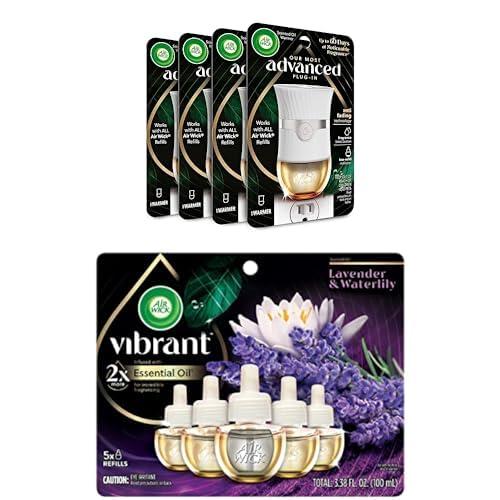 Bundle of Air Wick Advanced Plug In Scented Oil Warmer, Advanced Gadget, Home Air Freshener (Pack of 4, Refills Sold Separately) + Vibrant Plug in Scented Oil Refill, 5ct, Lavender & Waterlily