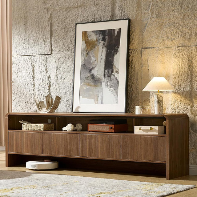 AMERLIFE 70" Modern TV Stand for TVs Up to 80", Wood TV Console with Curved Profile Design & 2 Storage Cabinets, Media Console Entertainment Center for Living Room, Brown