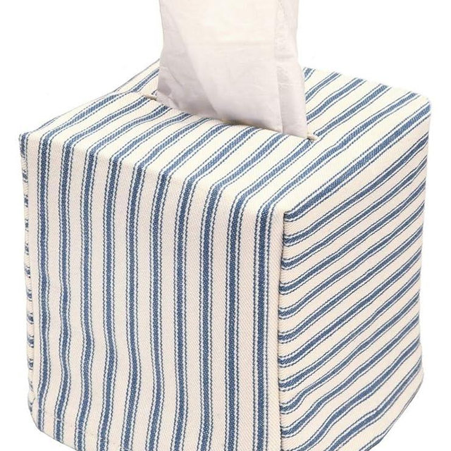 Fabric Tissue Box Cover, Tissue Holder Slipcover, Slips Over Square Cube Cardboard Facial Tissue Boxes -Decorative Blue Bathroom Decor Ticking Stripe, Cotton, Lined