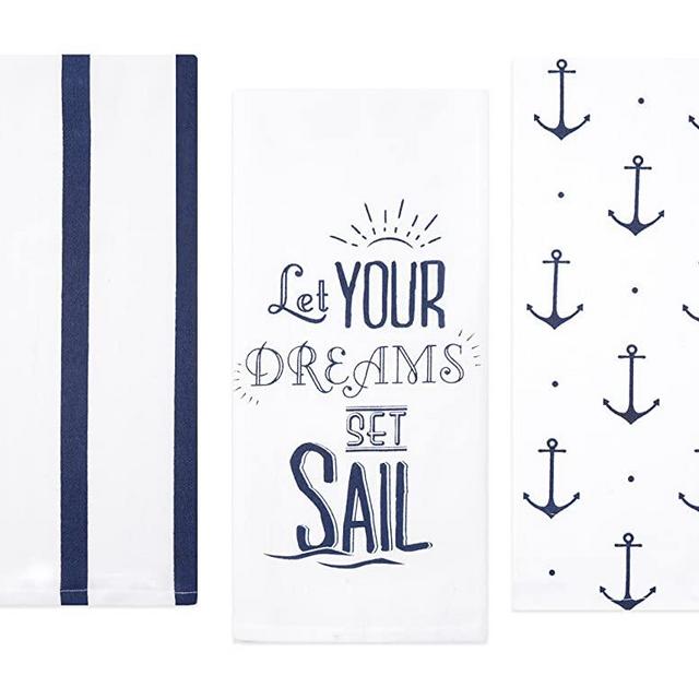 Sticky Toffee Cotton Flour Sack Kitchen Towels, Anchor and Stripe Nautical Prints, 3 Pack, 28 in x 29 in