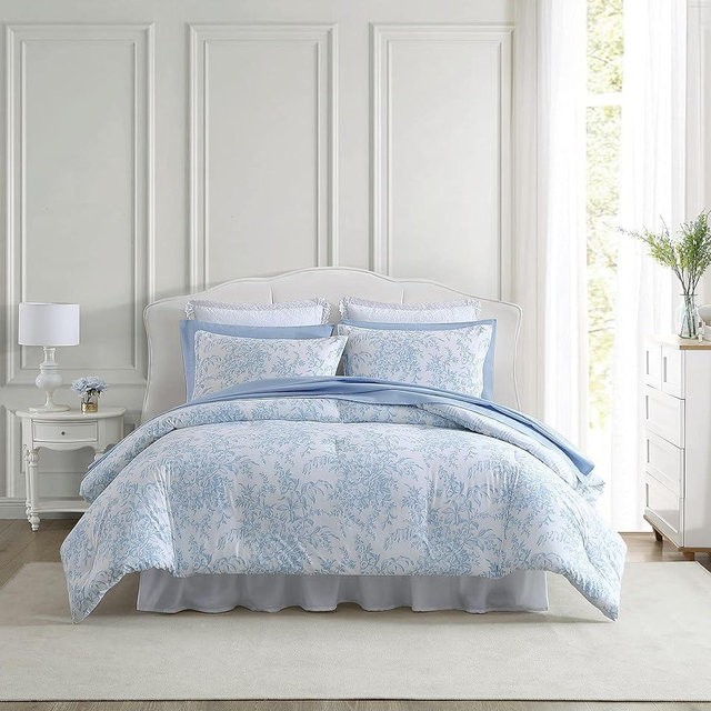 Laura Ashley- Queen Comforter Set, Cotton Reversible Bedding Set with Matching Sham(s), Farmhouse Home Décor (Bedford Blue, Queen)