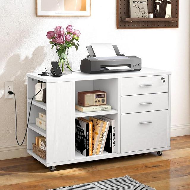 YITAHOME File Cabinet with Charging Station, 3 Drawer Mobile Office Furniture, Lateral Filing Cabinet with Lock, Printer Stand with Open Storage Shelf for Home Office, White