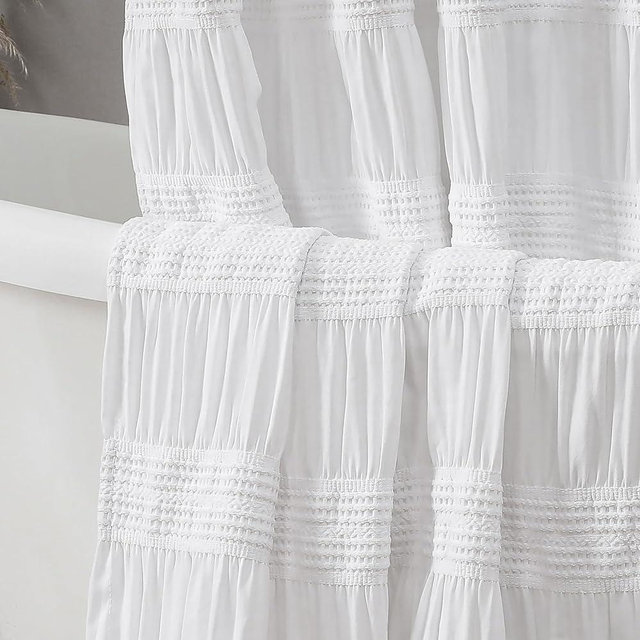OWENIE White Shower Curtain, Farmhouse Rustic Striped Textured Fabric Shower Curtain for Bathroom, Hotel Style, Machine Washable, White, 72x72 inch