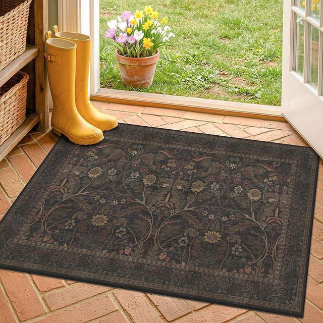 Dark Brown 2x3 Washable Entry Rug, Throw Small Rugs for Entryway Kitchen Bathroom Floor Mat Indoor, Farmhouse Floral & Botanical Door Mats, Low Pile Soft Stain Resistant Carpet