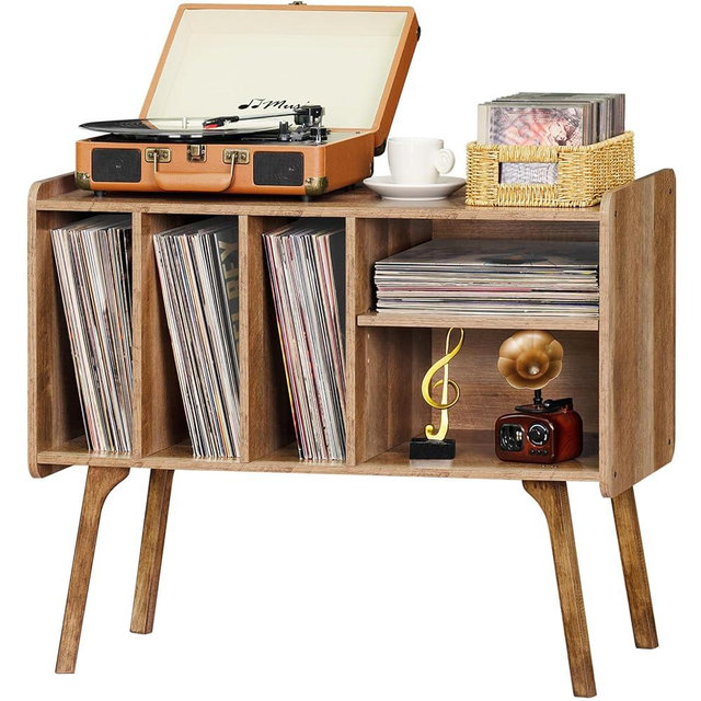 Lerliuo Record Player Stand with 4 Cabinet Holds Up to 220 Albums, Large Turntable Stand with Beech Wood Legs, Mid-Century Record Player Table,Oak Vinyl Holder Storage Shelf for Bedroom Living Room