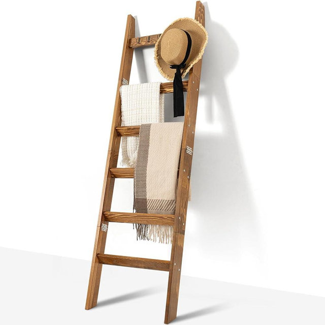 TEAKMAMA 6-Tier Blanket Ladder for Living Room and Bedroom,5.4 Ft Wall Leaning Quilt Rack with Hooks,Rustic Decorative Farmhouse Blanket Storage,Stylish Ladder Holder,Easy to Assemble,Honey Brown