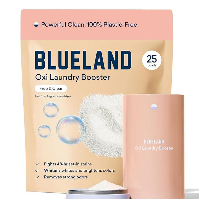 BLUELAND Oxi Laundry Booster Powder with Tin, Starter Set, Fragrance Free & Clear, 25 Loads, 17.6 oz, Plastic-Free, Eco Friendly, Oxy Cleaner, Stain Remover