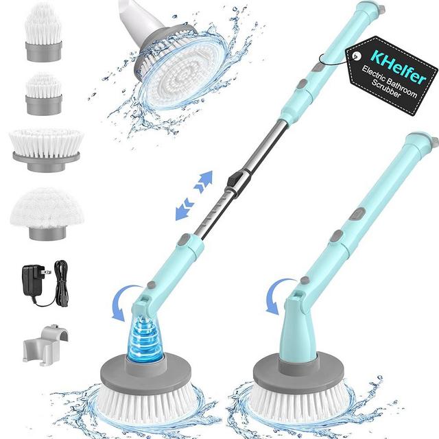 kHelfer Electric Spin Scrubber Kh8, 2023 New Cordless Shower Scrubber, 4 Replacement Head, 1.5H Bathroom Scrubber Dual Speed, Shower Cleaning Brush with Extension Arm for Bathtub Tile Floor(Sky Blue)