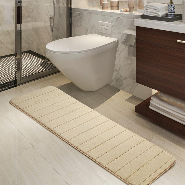 PiccoCasa Absorbent Soft Long Washable Non-Slip Memory Foam Bath Tub Mat Floor Runner Rug Beige 16" x 47"