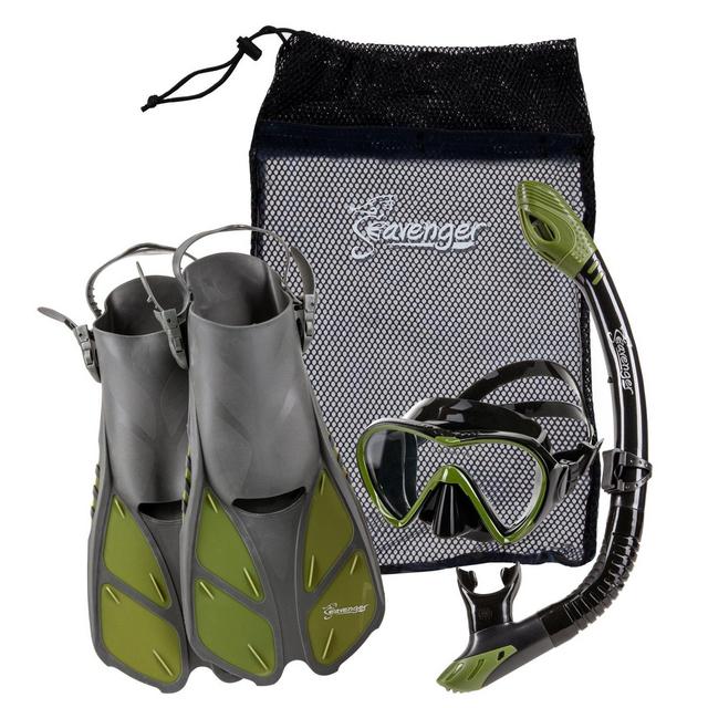 Seavenger Diving Dry Top Snorkel Set with Trek Fin, Single Lens Mask and Gear Bag, L/XL - Size 9 to 13, Gray/Black Silicon/Green