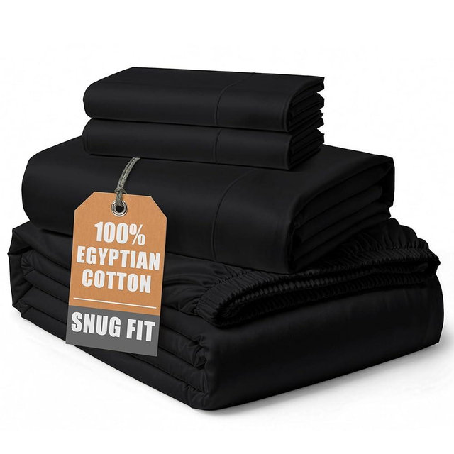 100% Egyptian Cotton Sheets Queen Size Bed Set – Naturally Cooling & Breathable Sateen Queen Sheets Set, Authentic Long-Staple Cotton for Lasting Softness, Snug Fit 15" Deep Pocket Fitted - Black