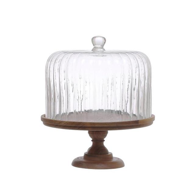 Creative Co-Op 12 Inches Round Acacia Wood Pedestal with Fluted Glass, Natural, Set of 2 Cloche