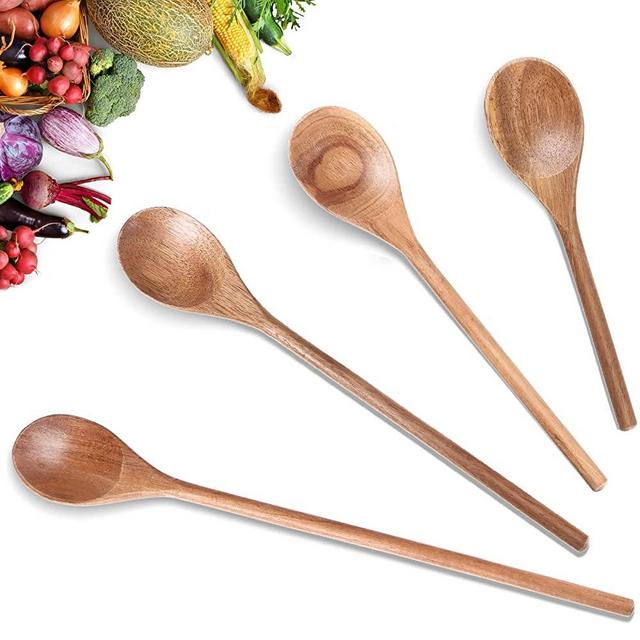 4 Pieces Acacia Wooden Spoon 8, 10, 12, 14 Inch Mixing Wooden Utensils Cooking Spoon for Kitchen Mixing Salad Tasting Baking Stirring Serving Food No Scratch Nonstick Cookware