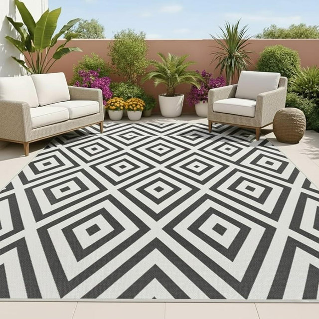 Outdoor Rug - 8x10 Outdoor Area Rug for Patio - Easy to Clean - Black and White Diamond Pattern - Outside Rug by Joylee