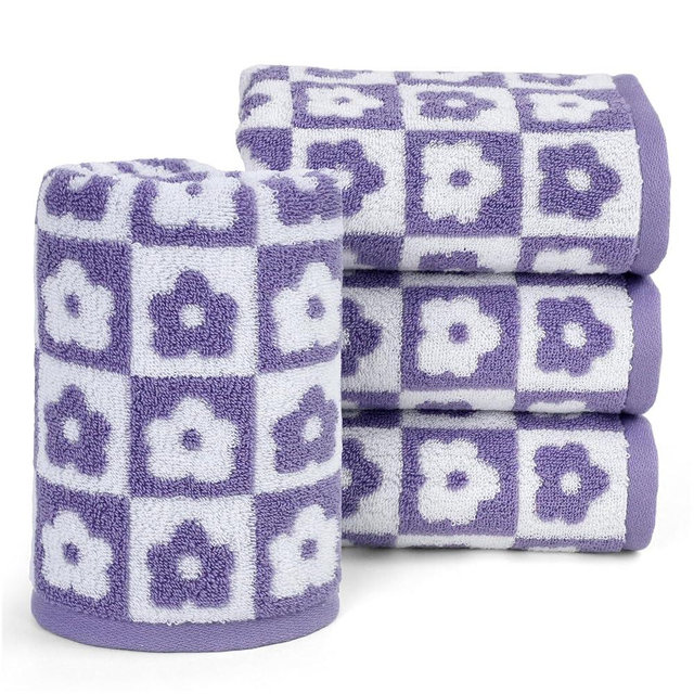 Jacquotha Cotton Hand Towel Set of 4 - Checkered Floral Bathroom Hand Towels for Everyday Use for Mom Her Wife Daughter 29” x 13” Lilac