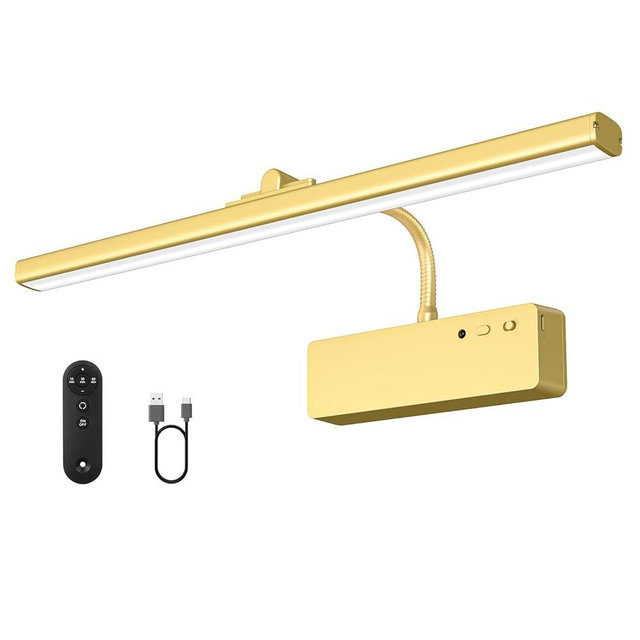 Picture Light, 15.35inch Wireless Picture Lights for Wall Rechargeable, 5400mAh Battery Wall Light with Remote, 3 Color Art Lighting for Paintings with Timer and Dimmable for Display, Gallery (Gold)