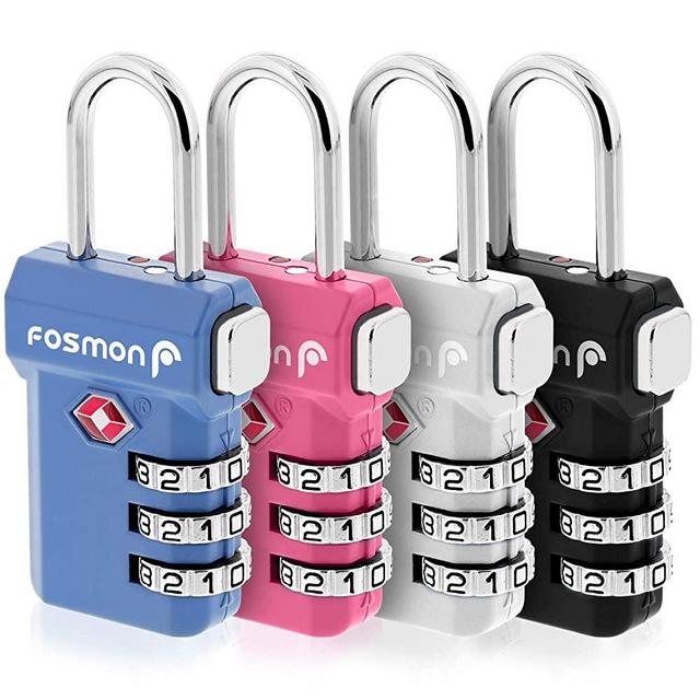Fosmon TSA Approved Luggage Locks, (4 Pack) Open Alert Indicator 3 Digit Combination Padlock Codes with Alloy Body and Release Button for Travel Bag, Suit Case and Luggage - Blue, Pink, Silver, Black