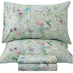 QSH Green Floral Queen Size Sheet Sets - Green Flower Bird Butterfly Print Botanical Bedding Egyptian Cotton Printed Sheets Queen Size Bed Extra Soft and Breathable 17.5" Deep Pockets Bed Sheets 4pcs