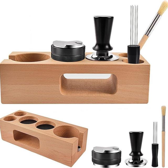 Espresso Tamper Coffee Distributor & Tamper Espresso Stirrer Wood Coffee Tamper Station Food Safe Wooden Coffee Portafilter Holder Compatible with All Espresso Accessories (58mm)