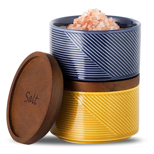 Adewnest Salt and Pepper Bowls : 10 oz Ceramic Salt Cellar with Lid - Stacked Salt Box for Countertop - Spice/Seasoning Storage Containers - Salt Pepper Bowl Set of 2 (WOODEN LID)