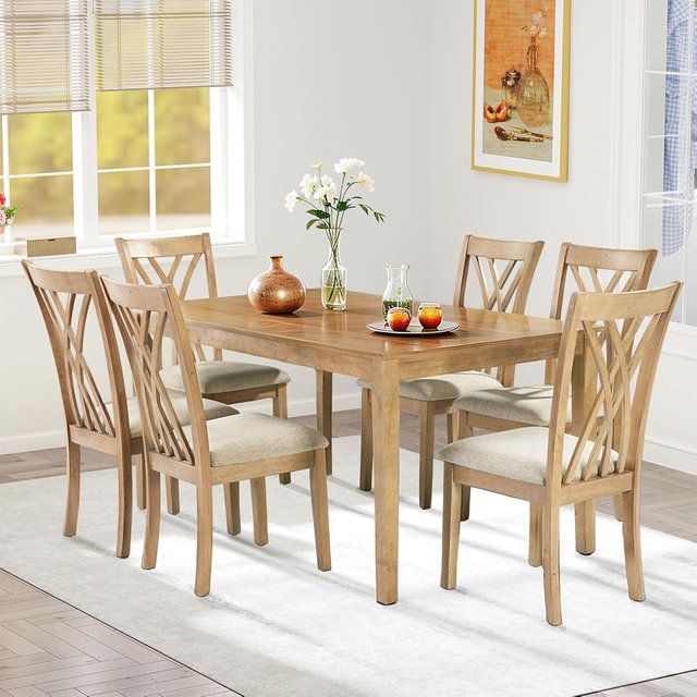 Zevemomo 7-Piece Solid Wood Dining Table Set with 6 Upholstered Chairs, 60" L x 36" W Space Saving Dinner Table & Chairs Set, Dining Table Set for Dining Room, Kitchen, Restaurant, Natural Wood Color