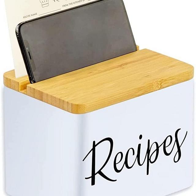 Recipe Box With Cards and Dividers - White Metal Body, Wooden Lid with Phone Holder and Recipe Card Holder - Includes Set Of 150 High Quality 4x6 Index Cards and 15 Cute Dividers