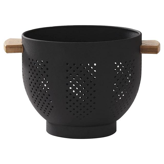 Metal Colander with Wood Handle, 5.5 Quart Powder Coated Steel Large Kitchen Strainer Stable Base,Matte Black